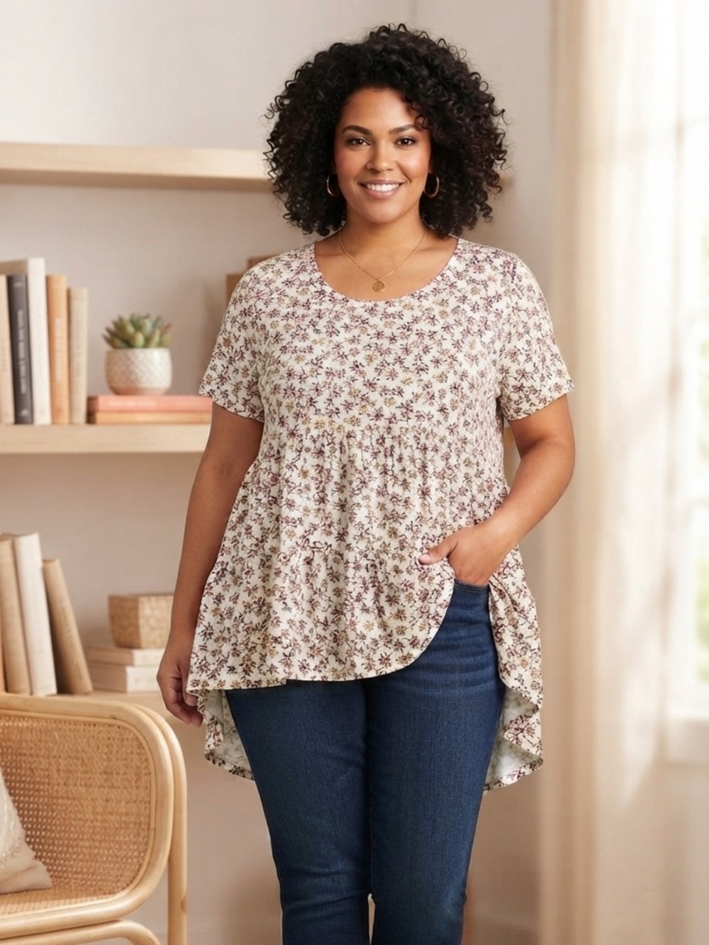 High-Low Peplum Tunic Top in Cream with Mauve Floral